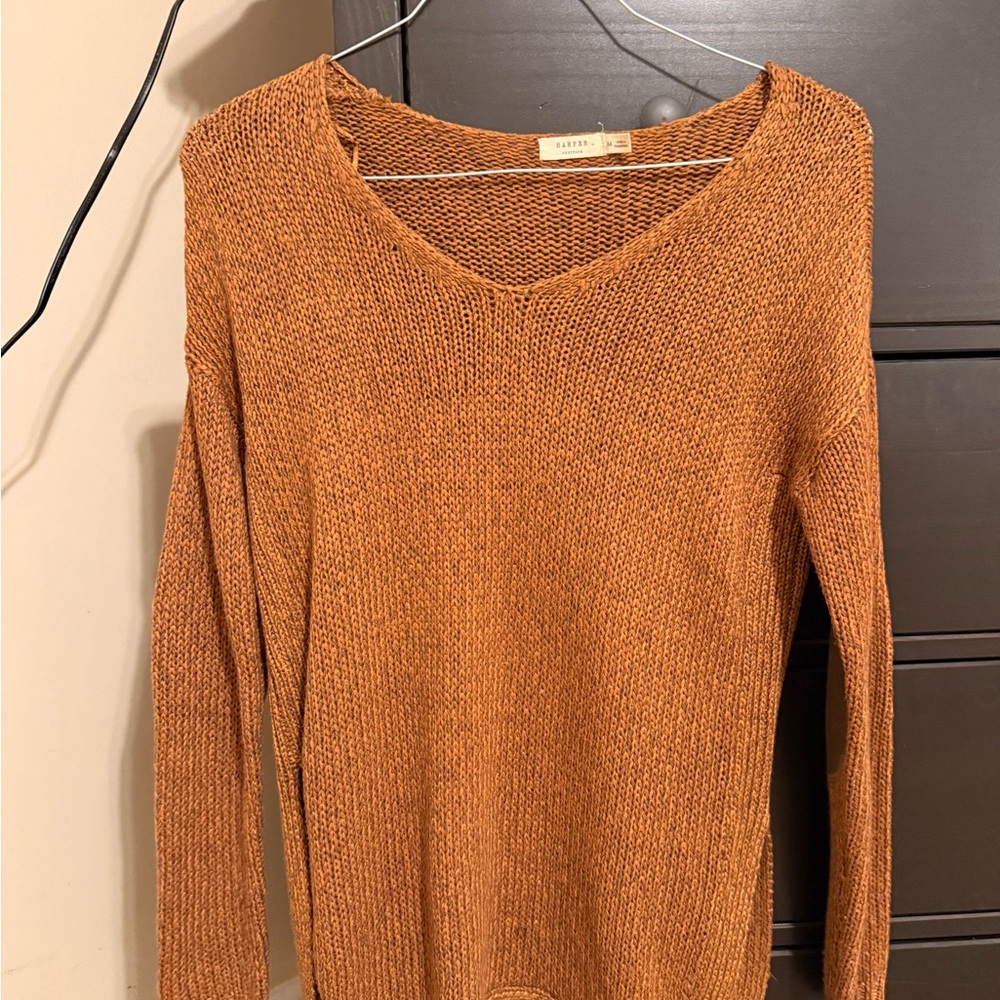 Francescas Collection- Rust V-Neck Sweater- Suede Patchwork elbows, side slits